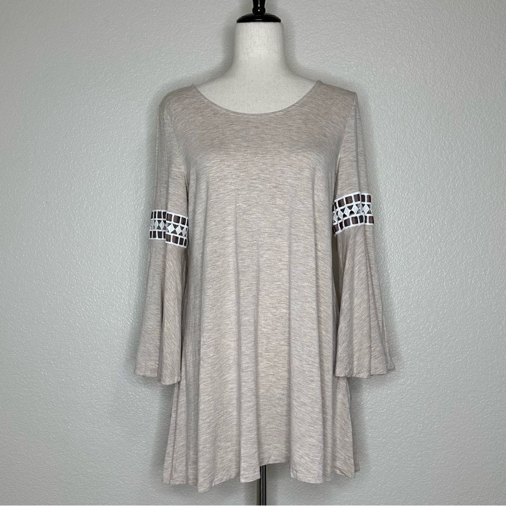 Lapis Beige Embroidered Bell Sleeves Tunic Top